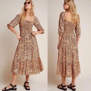 Faithfull The Brand x Anthropologie Wyldie Midi Dress Tiger Animal Print Smocked